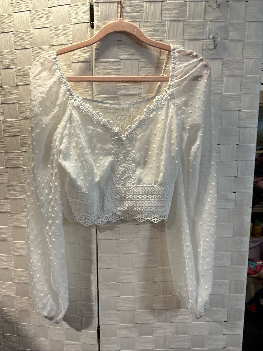 White small Swiss Dot Lace Trim Peasant Blouse, coquette, cottagecore, bohemian